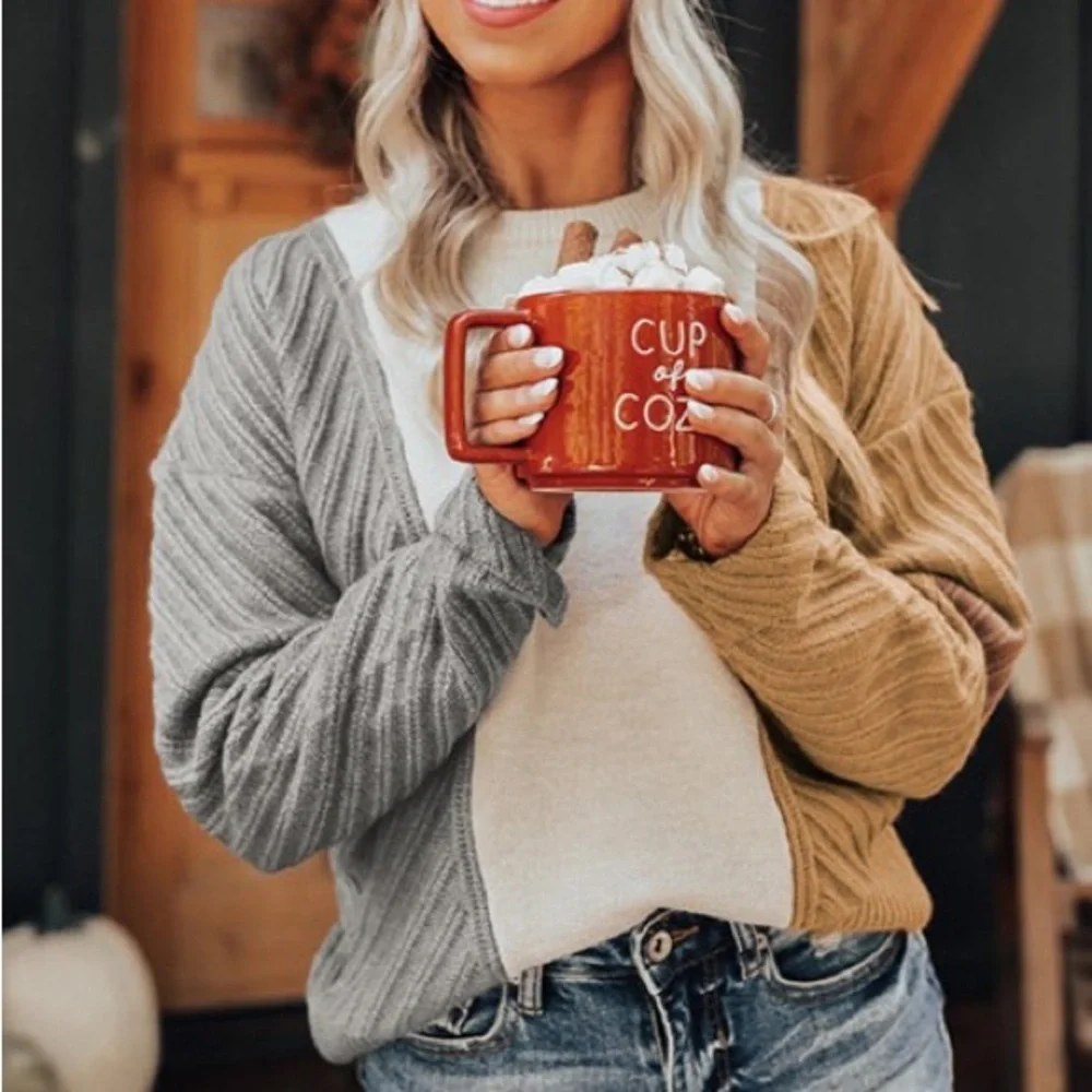 Cozy Sweater, Color Block, Cable Knit Texture, White/Tan/Gray, M L XL 2X - Picture 7 of 16